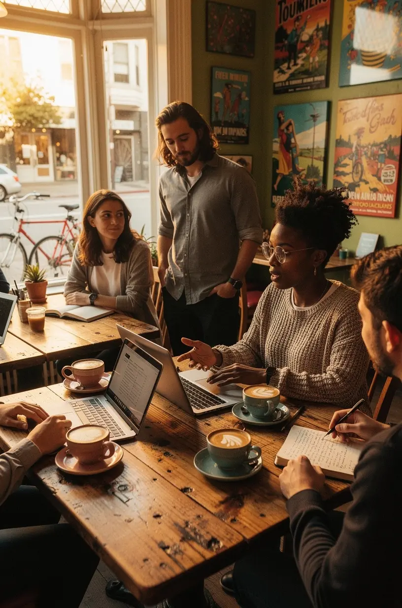 Residents discussing neighborhood improvements around a table in a public space.